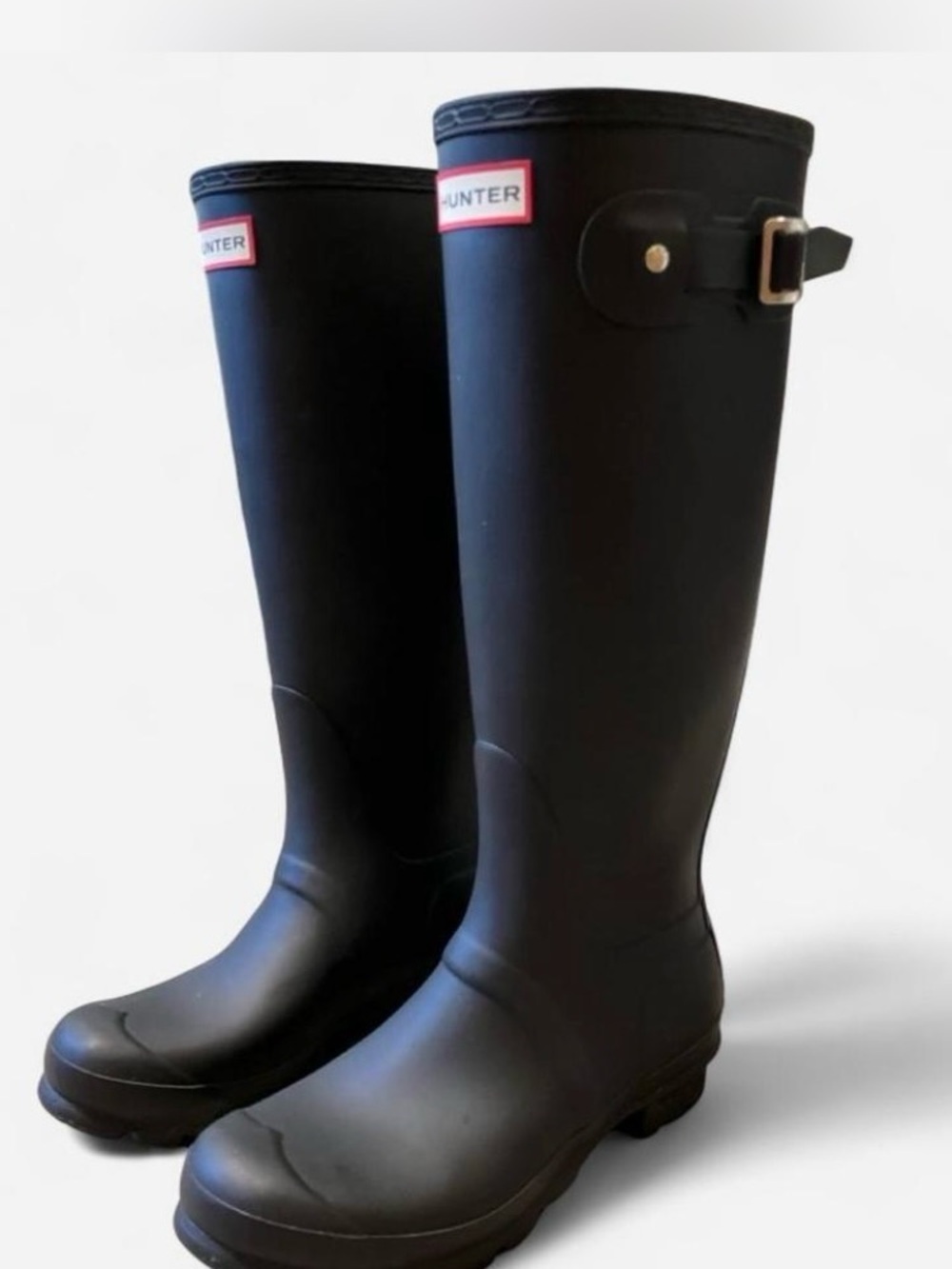 Hunter Matte Black Tall Waterproof Rain Boots with Adjustable Side Buckle Size 7